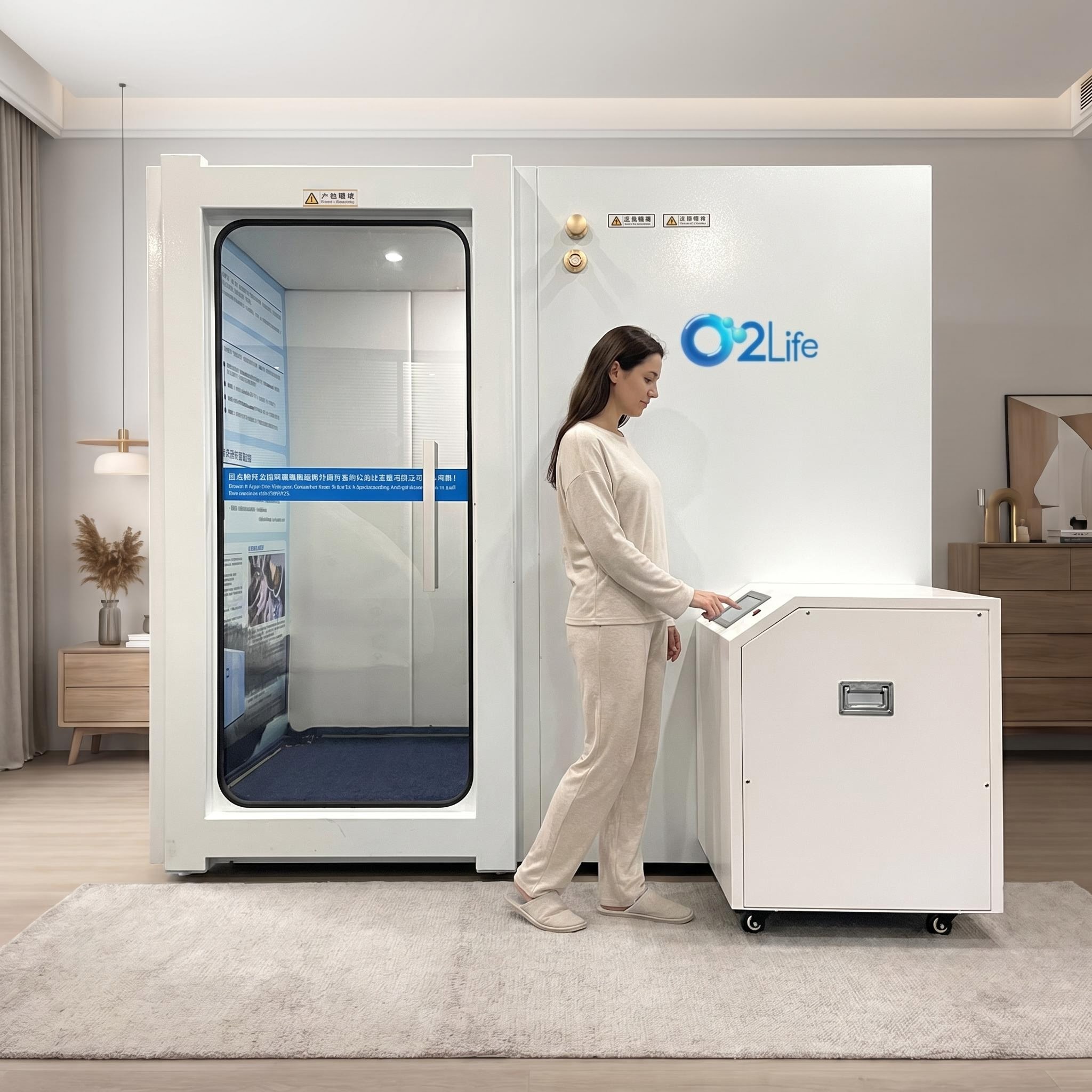 A sleek professional hyperbaric chamber next to a smaller home-use model.
